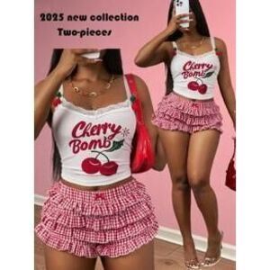 Slaydiva 2025 New Summer Sexy & Cute Cherry Letter Print Lace Camisole Top And …